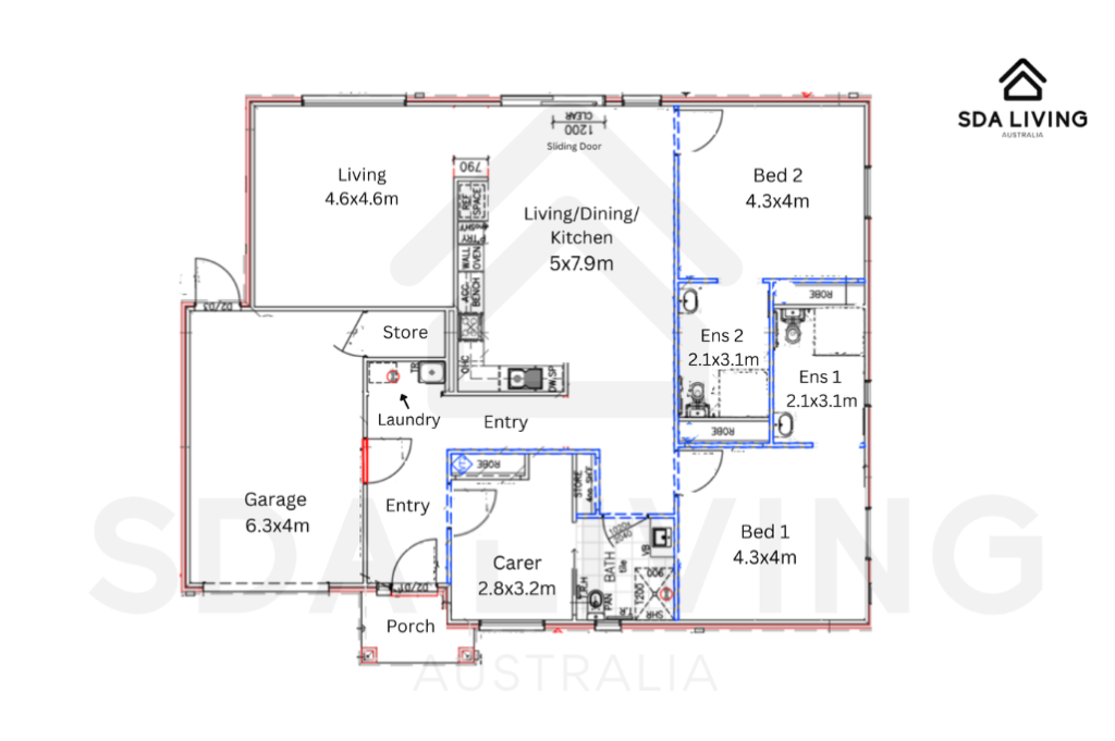 1. Floor plan of the Sale SDA home, showing two bedrooms with private ensuites, open-plan living, dining and kitchen, separate living area, garage, laundry, and an Onsite Overnight Assistance room with bathroom.