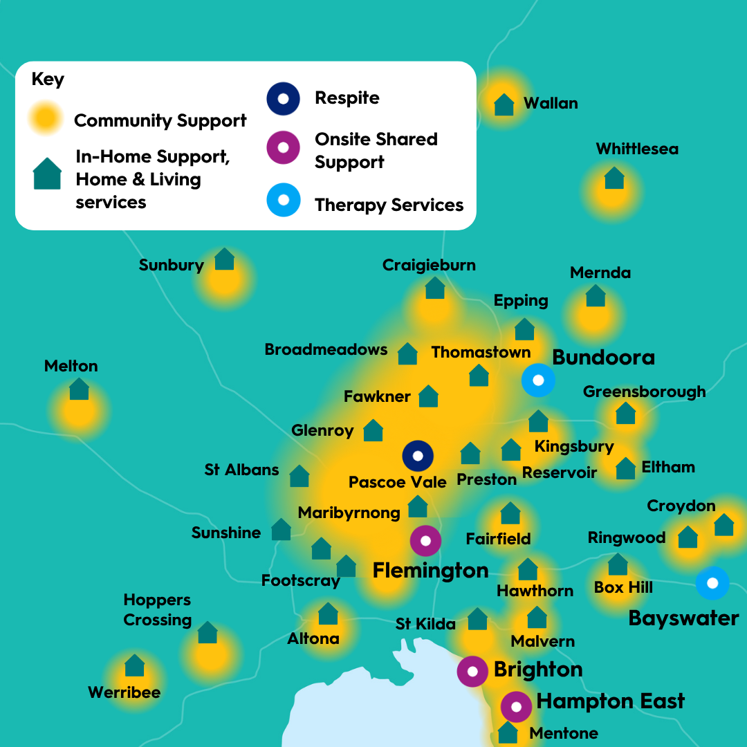 Map of Aruma services across Melbourne, showing community support, in-home support and home and living, respite, onsite shared support, and therapy services in suburbs including Reservoir, Sunbury, Hampton East, Mentone, Croydon, Ringwood, Thomastown and Broadmeadows.