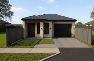 Front exterior of the Broadmeadows SDA home, showing a single-storey accessible build with a covered front entry, single garage and fenced front yard.