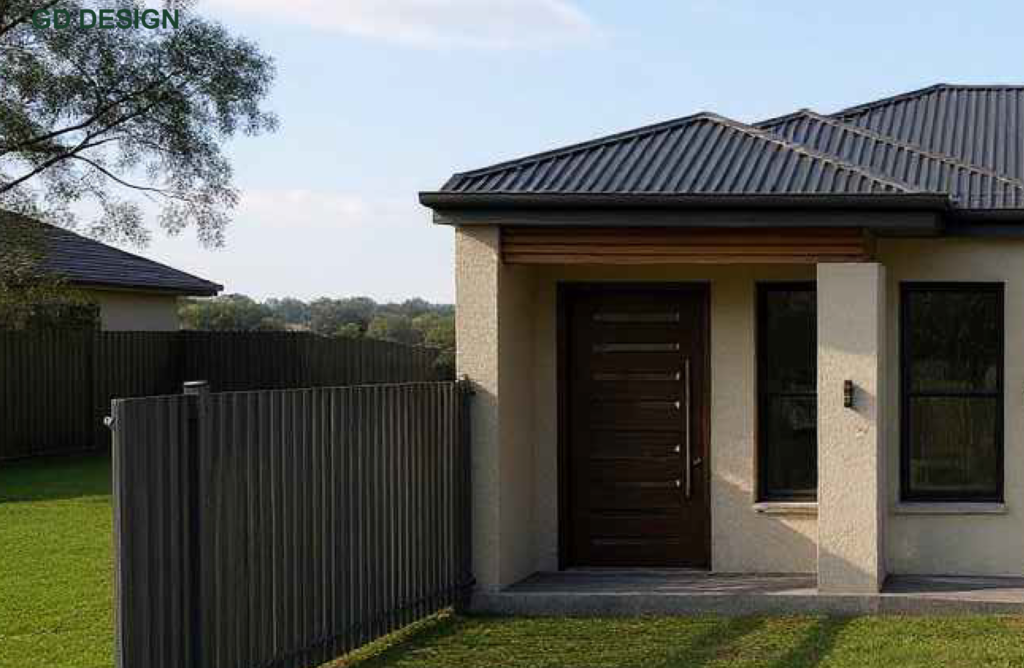 Front entry of the Broadmeadows SDA home, showing a covered porch, dark feature door, side window and grassed front yard with fencing.