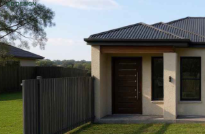 Front entry of the Broadmeadows SDA home, showing a covered porch, dark feature door, side window and grassed front yard with fencing.