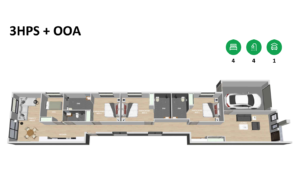 Floor plan of the Broadmeadows SDA home, a 3HPS plus OOA layout showing three participant bedrooms each with private ensuites, an Onsite Overnight Assistance room with ensuite, kitchen, family and meals area, lounge and single garage.