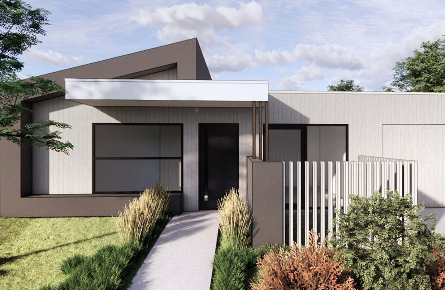 Front exterior of one of the Croydon SDA homes, featuring a modern grey and white cladded facade, landscaped front garden with native plantings and a paved entry path.