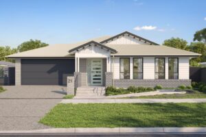 Front render of the Wangaratta SDA home, showing a single-storey accessible build with a gabled roof, double garage, brick and weatherboard facade and landscaped front garden.