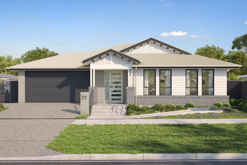 Front render of the Wangaratta SDA home, showing a single-storey accessible build with a gabled roof, double garage, brick and weatherboard facade and landscaped front garden.