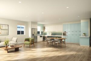 Open-plan kitchen, dining and living area inside the Wangaratta SDA home, showing timber-look flooring, white and duck-egg blue cabinetry, an accessible island bench and dining setting.