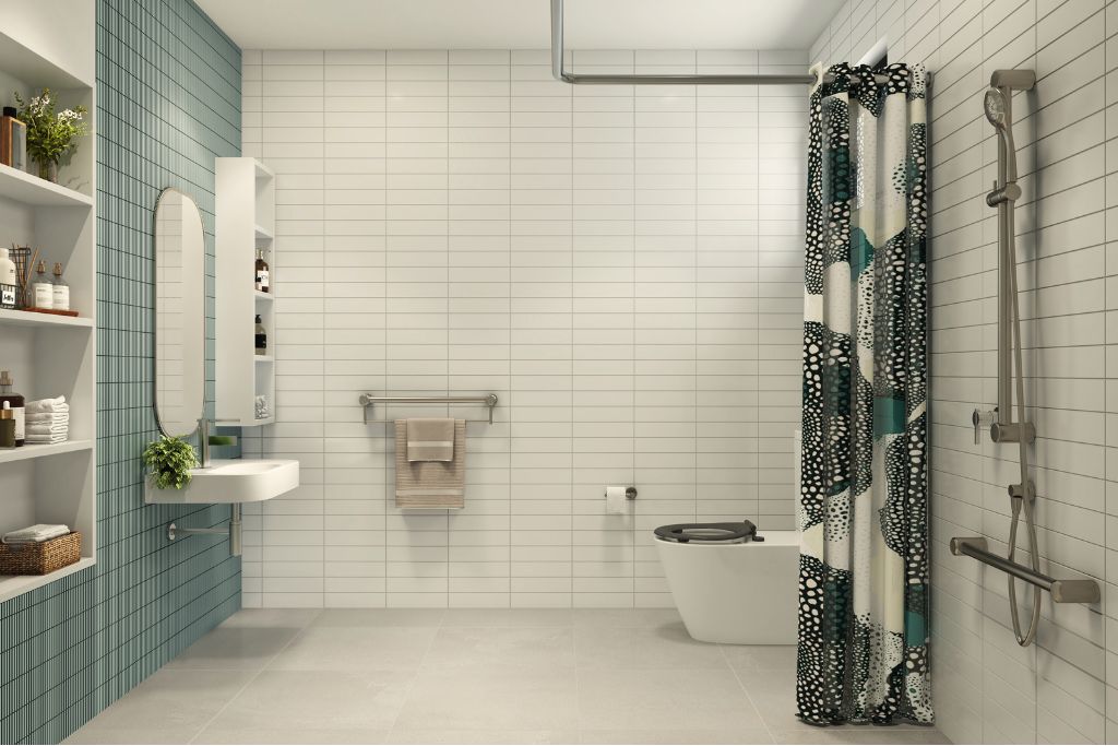 Accessible bathroom inside the Wangaratta SDA home, showing a roll-in shower with grab rails, wall-mounted basin, accessible toilet and teal tiled feature wall.