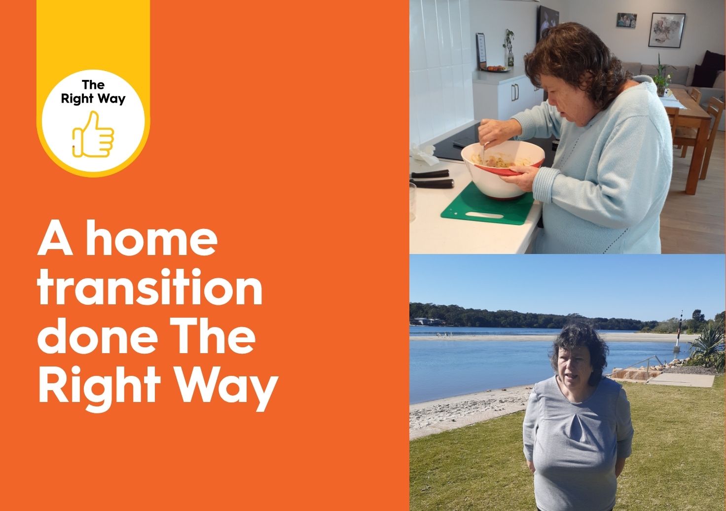 Two photos of Lizzy, one cooking in her new home and the other taken at the beach.