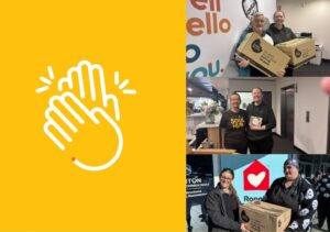 Three photos of Aussie Biscuits team members handing boxes of biscuits to the staff from a number of charities and support organisations.
