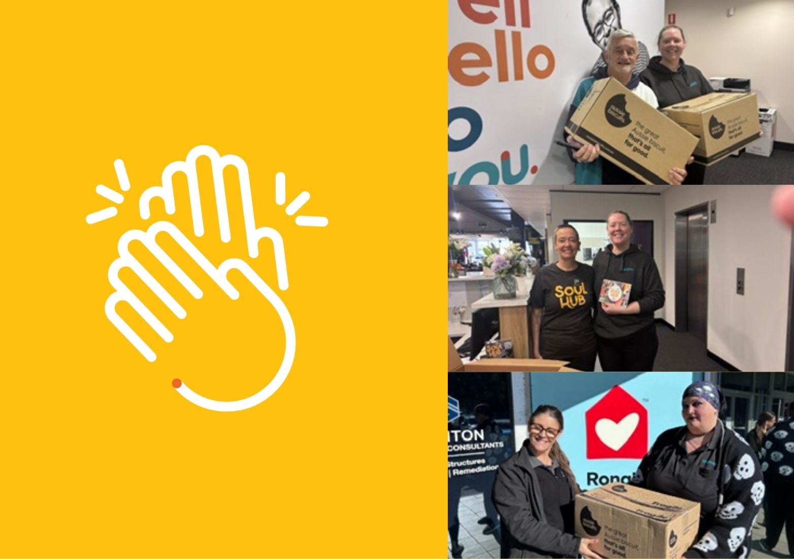 Three photos of Aussie Biscuits team members handing boxes of biscuits to the staff from a number of charities and support organisations.