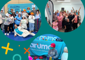 A collage of three photos from the Festival of FUN on a teal background. Top left: a large group of people in colourful bucket hats and dress-up outfits smiling and posing together. Top right: a group of Aruma team members and community members cheering beside a Club Aruma banner. Bottom centre: a child in a red cap playing with colourful sensory toys at the Aruma information stall.