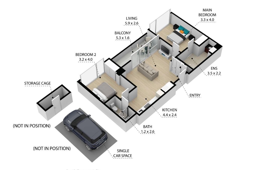 3D floor plan of the Essendon SDA apartment, showing the layout of the main bedroom with ensuite, second bedroom, open-plan living, kitchen, balcony, storage cage and single car space.