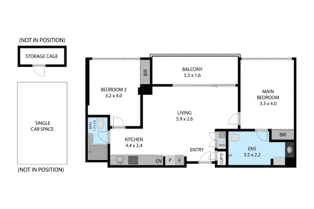 Two-dimensional floor plan of the Essendon SDA apartment, showing the layout of the main bedroom with ensuite, second bedroom, bathroom, kitchen, living area, balcony, storage cage and single car space.