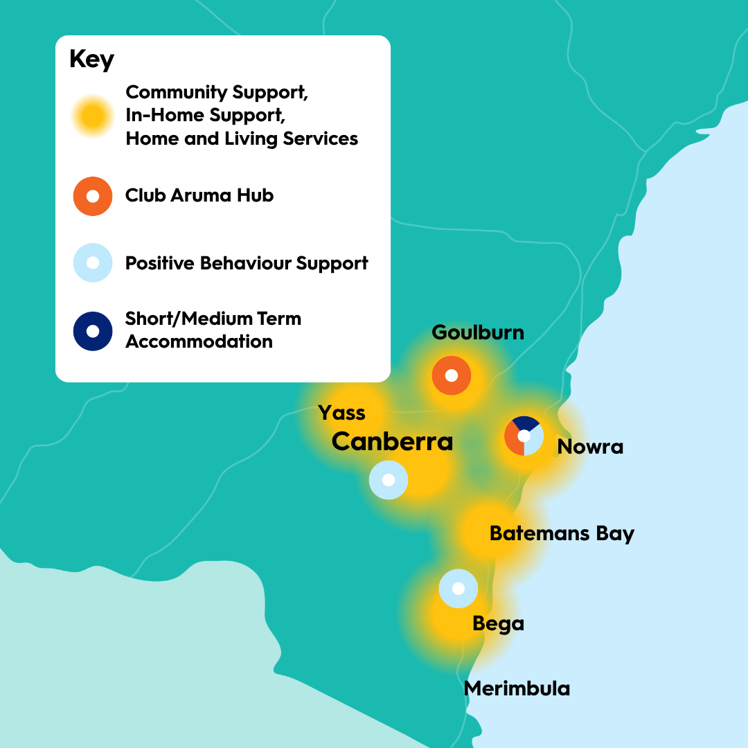 Map of the Australian Capital Territory and surrounding region showing Aruma service locations. Canberra is the main service hub, with positive behaviour support available. Surrounding locations include Goulburn with a Club Aruma day program hub, and Yass, Batemans Bay, Bega, Nowra and Merimbula with community support, in-home support, Positive Behaviour Support, Respite and home and living services. Available services vary by location.