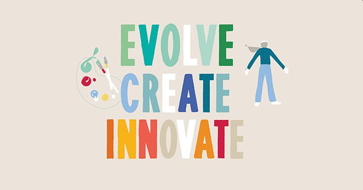 Graphic words saying "Evolve, Create, Innovate"