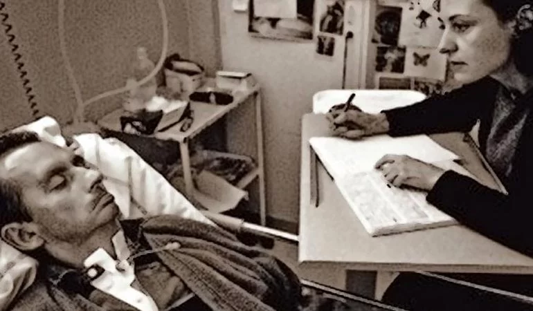 Jean Dominique Bauby writing his book in hospital