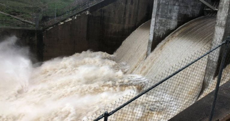 Flood waters gushing through the Floodgate in Townsville
