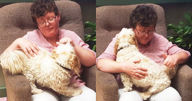 Two photos of Sarah in her disability service with Bazz sitting on her lap
