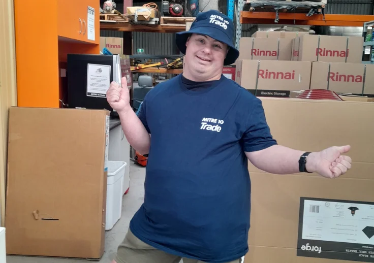 Our SIL customer Ian showing off his new Mitre 10 uniform that he wears to work experience in his local area, Forbes.